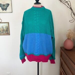 Vintage 80s Color Block Cable Knit Sweater